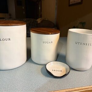 Cream Ceramic Kitchen Canister Set with Wooden Lids - Sugar, Flour, Utensils
